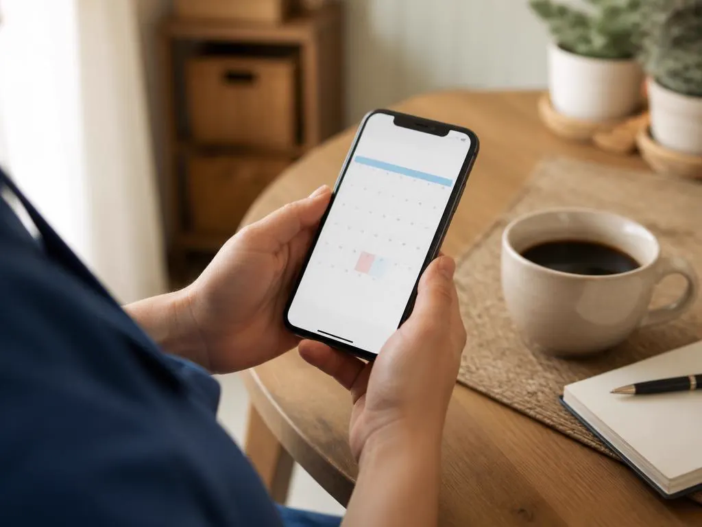 Calendario degli appuntamenti sul telefono accanto a una tazza di caffè