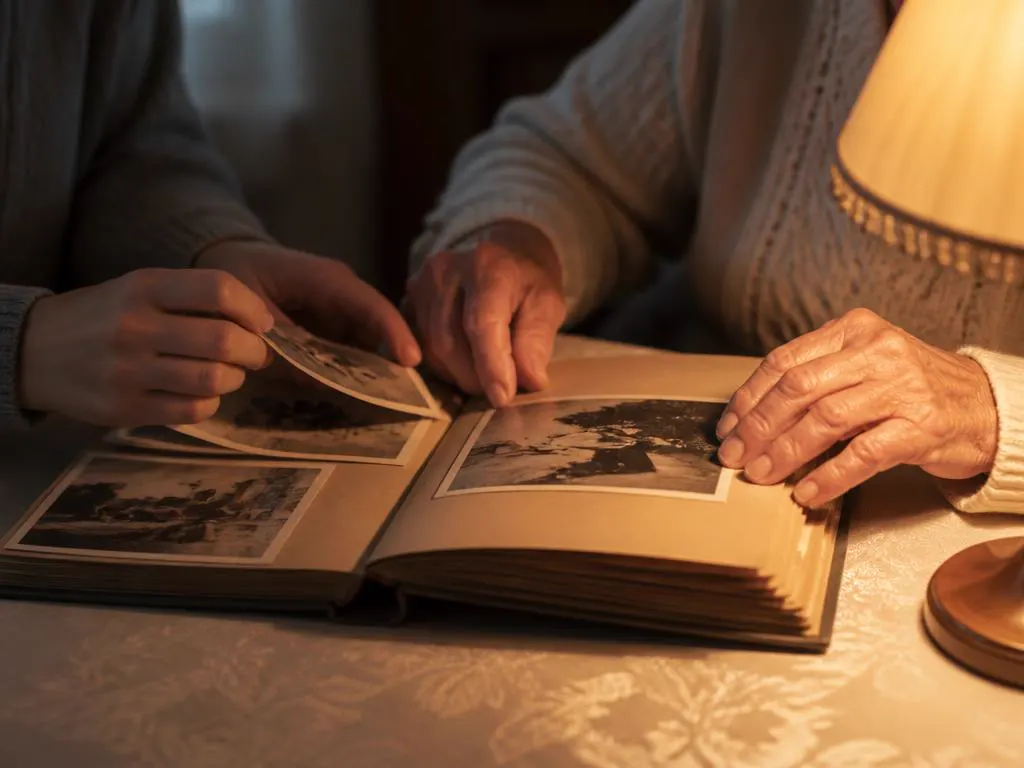 Due generazioni sfogliano insieme un vecchio album di fotografie