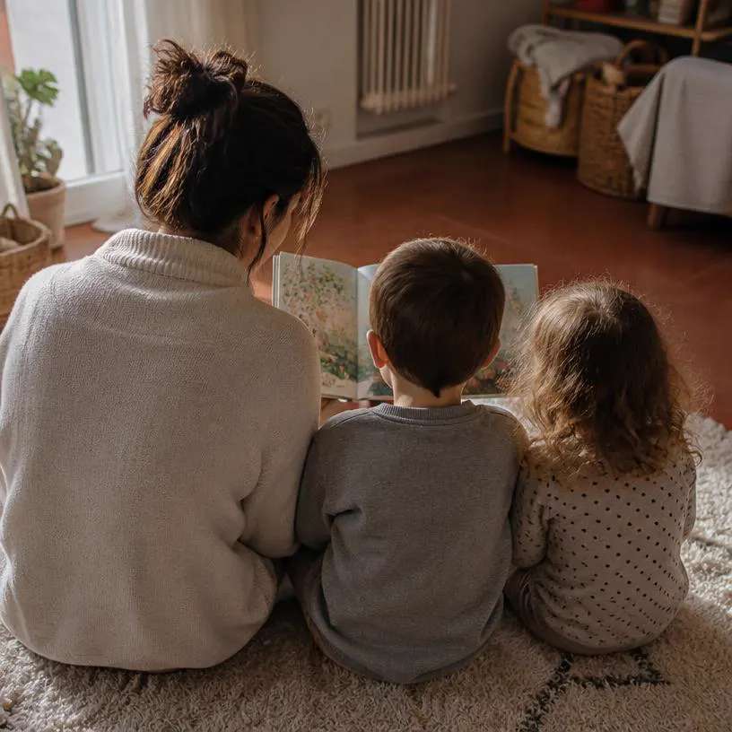 Lettura di un libro illustrato con due bambini sul tappeto