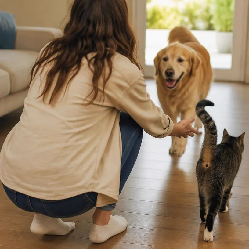 Una persona accoglie un cane mentre un gatto le passa accanto