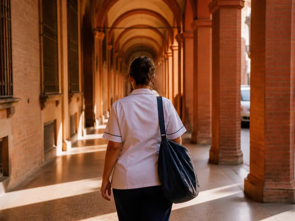 Infermiera che cammina sotto i portici in mattoni di Bologna