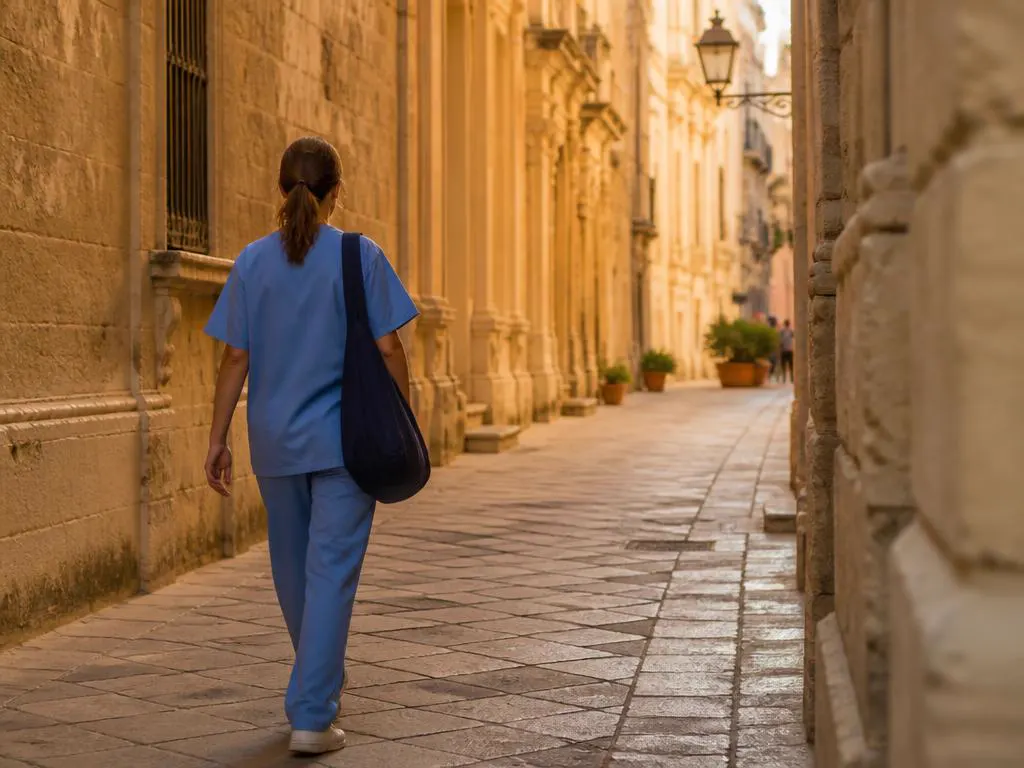 Infermiera che cammina tra le vie barocche di Lecce