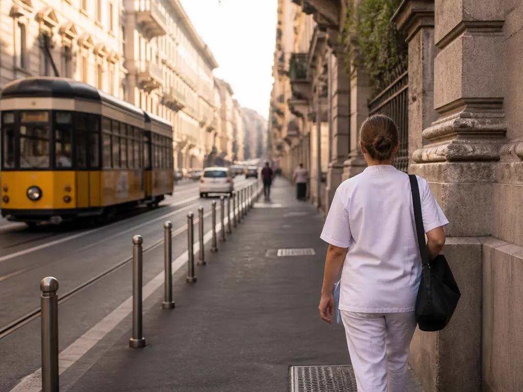 Infermiera che cammina lungo una via di Milano con il tram