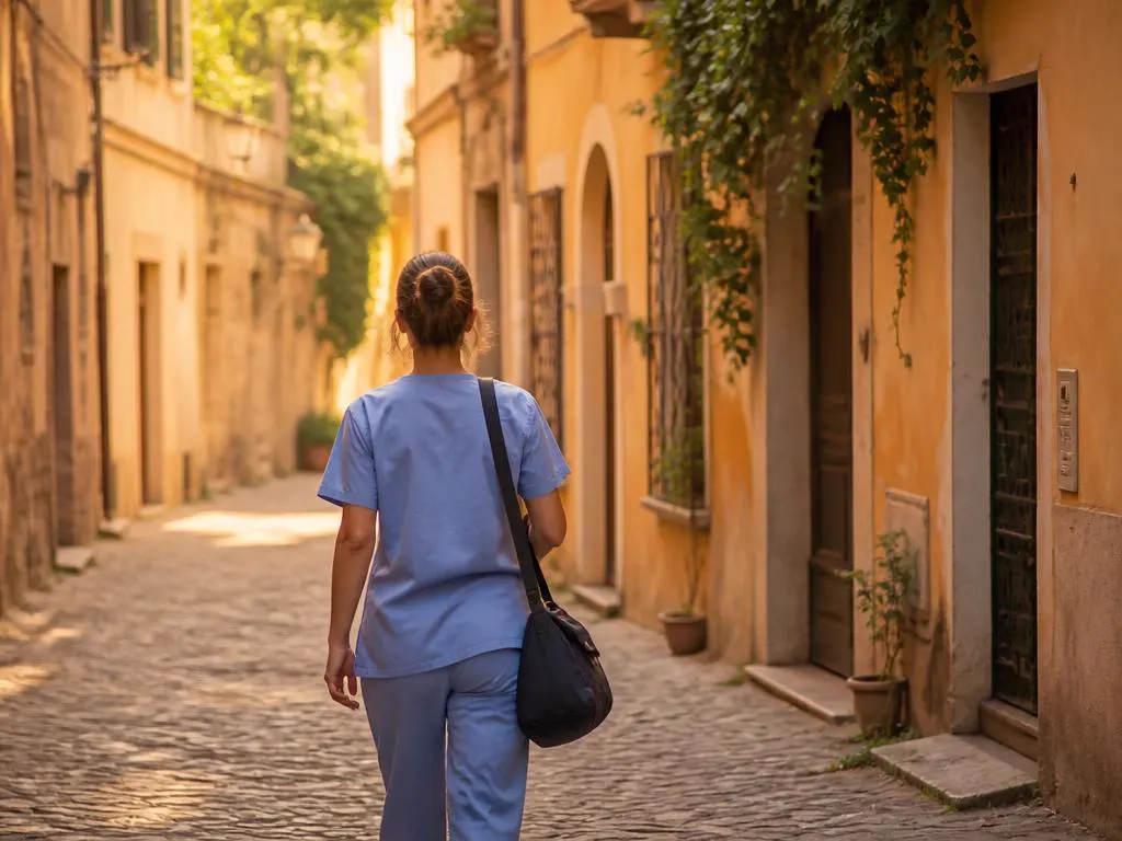 Infermiera che cammina in un vicolo di Roma dai muri ocra