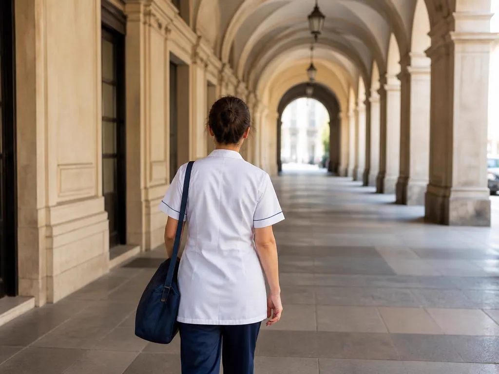 Infermiera che cammina sotto i portici di Torino
