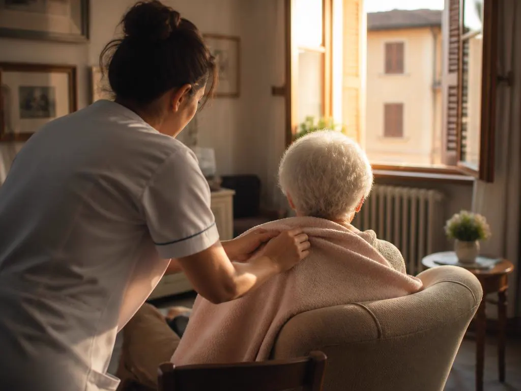 Infermiera che sistema una coperta sulle spalle di una signora in poltrona