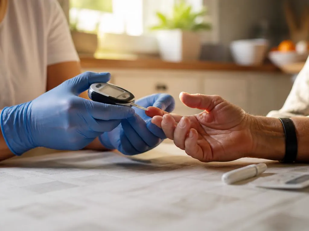Controllo della glicemia con glucometro sul dito
