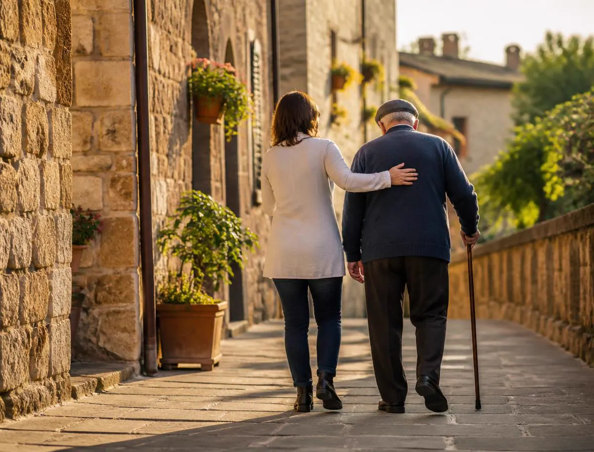 Una persona accompagna un signore anziano con il bastone in una via di paese