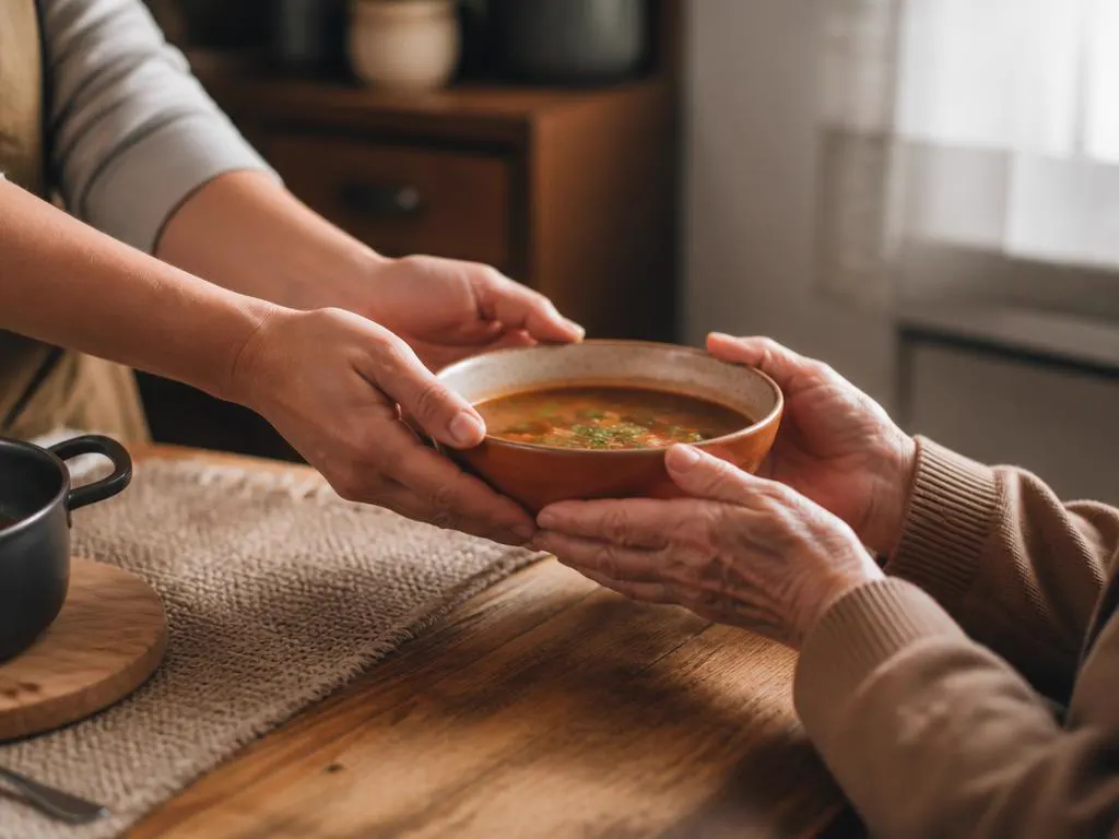 Una scodella di zuppa calda passata di mano in mano