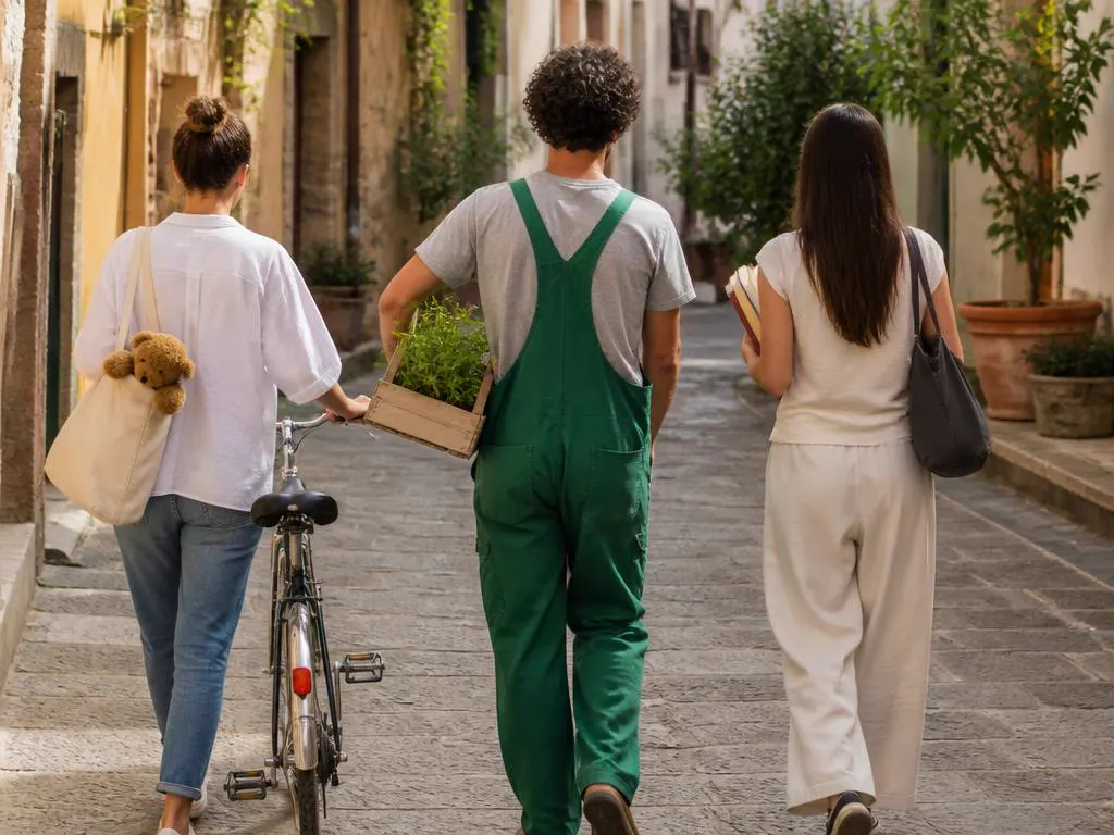 Tre persone che offrono aiuto in casa camminano in una via italiana
