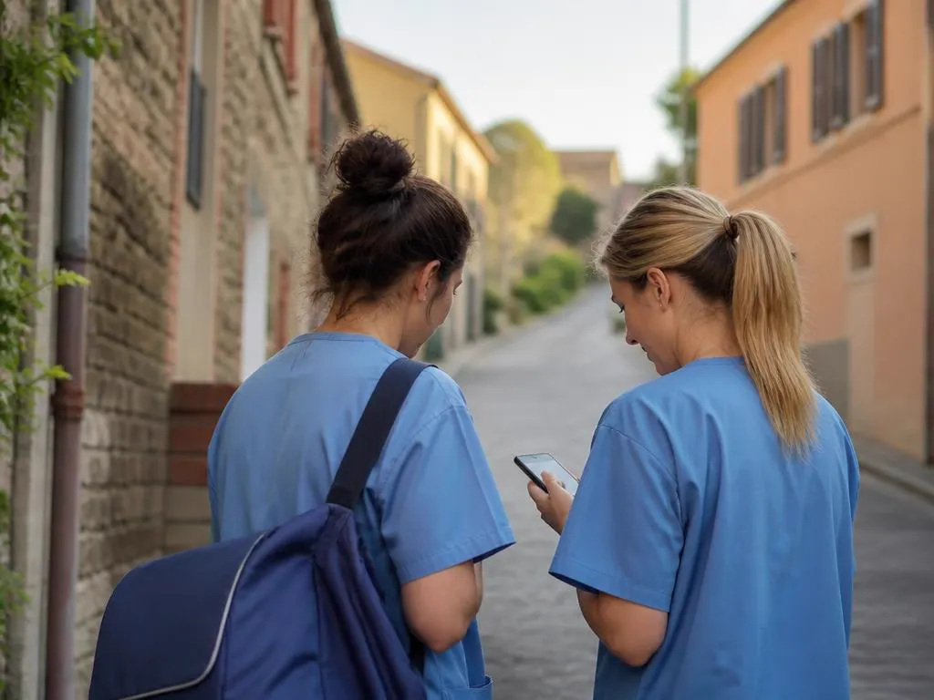 Due infermiere in divisa in una via residenziale guardano il telefono