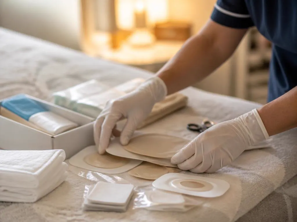 Materiale per la gestione della stomia preparato su un telo pulito