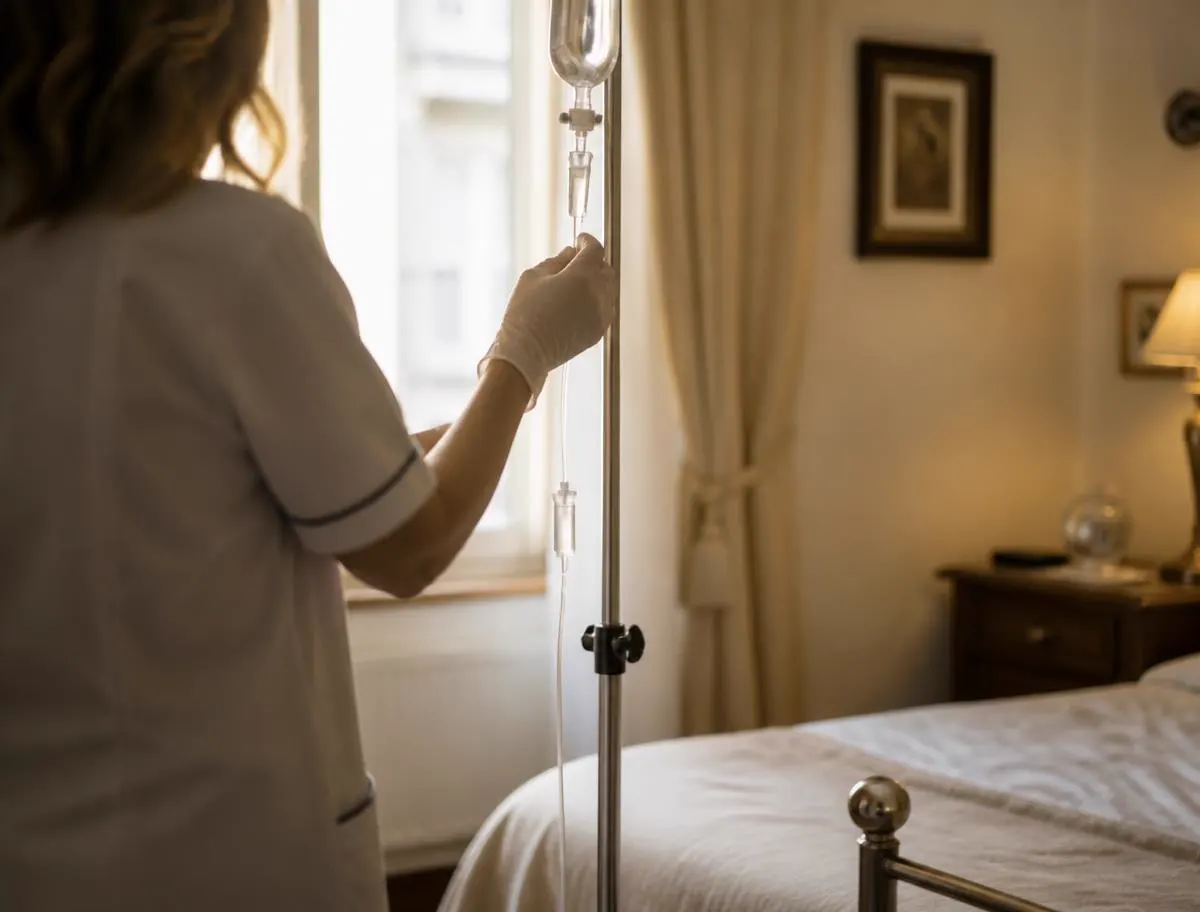 Infermiera che controlla una flebo accanto al letto di casa